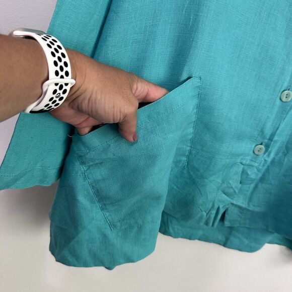 Flax Linen Tunic S Aqua Button Front Pockets Lagenlook Minimal Relaxed Shirt Top - Picture 5 of 10